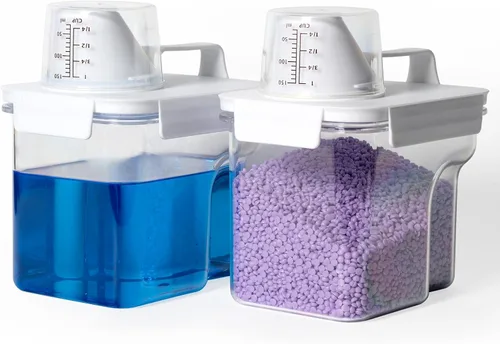 G2 GO2GETHER Contenedor de detergente para ropa sucia, paquete de 2 dispensadores de detergente para ropa de 51 onzas con 5 etiquetas para