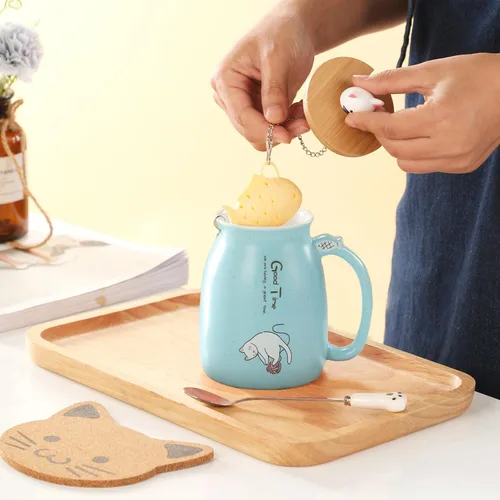 Miniatura 3 de BigNoseDeer Lindas tazas Kawaii de gato, taza de café de cerámica con infusor y tapa, cuchara, taza de té, regalos lindos y geniales para mujeres