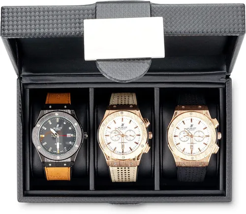 Miniatura 4 de Funda para reloj de viaje, caja de 3 ranuras para relojes de hombre, soporte para reloj de hombre con hebilla de metal, diseño de fibra de carbono