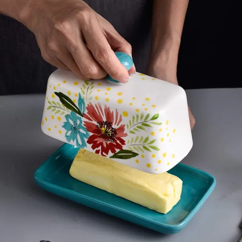 Miniatura 5 de Mantequillera de cerámica con tapa con tapa para mantequilla con tapa para encimera de mantequilla de flores