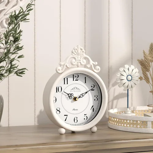 Miniatura 8 de Reloj de mesa blanco vintage, reloj de mesa y repisa, estilo rústico francés, estilo antiguo, para granja, dormitorio, sala de estar, mesita