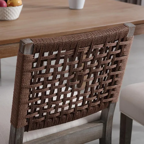 Miniatura 5 de chairus Juego de 2 sillas de comedor tapizadas, sillas de comedor costeras bohemias con respaldo de cuerda tejida de nogal marrón, patas de madera