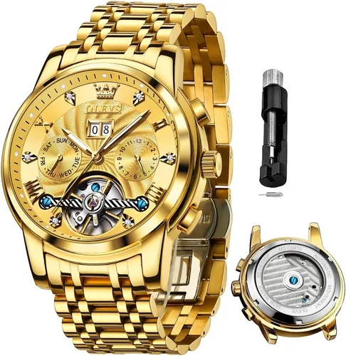 Miniatura 22 de OLEVS Reloj de pulsera automático con diseño de esqueleto para hombre, de lujo, con diamantes de lujo, de acero inoxidable, calendario, reloj
