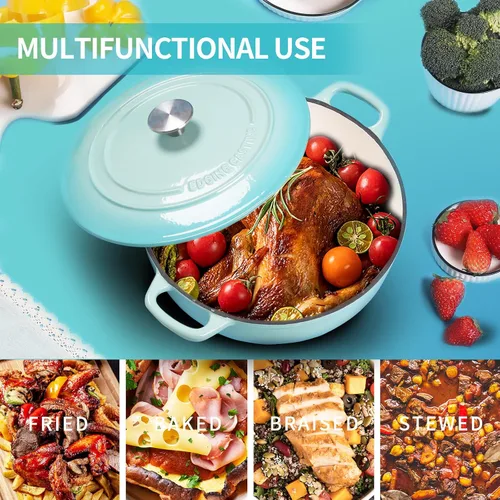 Miniatura 7 de EDGING CASTING Horno holandés de hierro fundido esmaltado con cazuela poco profunda con doble asa, 3.8 cuartos de galón, azul pavo real