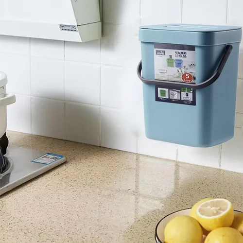 Miniatura 7 de Bote de basura pequeño con tapa, mini bote de basura colgante de cocina herméticamente sellado, sin olor, pequeño contenedor de compost para Azul