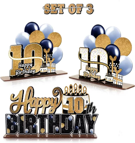 Miniatura 193 de LINGTEER Feliz 10º Cumpleaños Juego de Centros de Mesa de Acrílico Azul para Mesa - Brindemos por Diez Años Decoraciones de Regalo de Fiesta de 10º