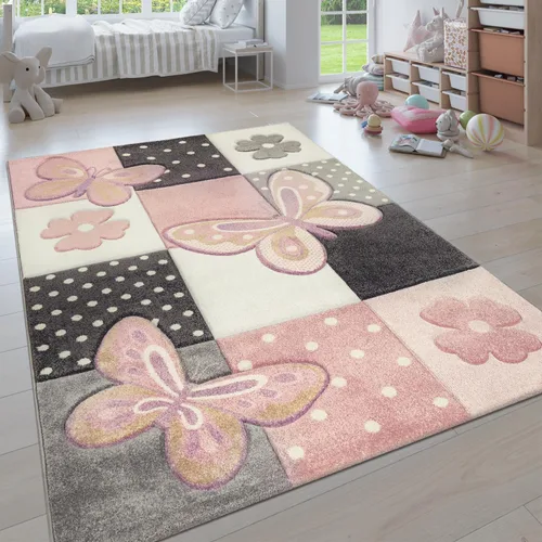 Alfombra para habitación de niños, colores pastel, mariposas, patrón de cuadros, puntos, flores, colorido, tamaño: 2'8" x 4'11"
