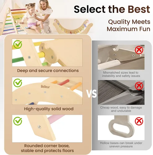 Miniatura 6 de Belleur Set de Triángulo Pikler, Juguetes de Escalada Plegables 7 en 1 para Niños Pequeños de 1-6 Años, Set de Escalada Montessori de Madera