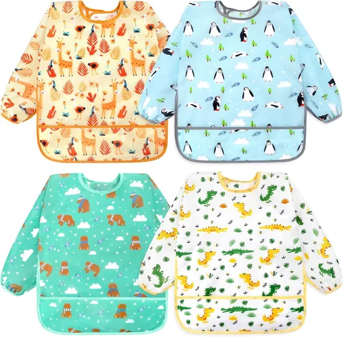 Miniatura 20 de Accmor 4 Pack Long Sleeve Bibs, Baby Smock Waterproof Sleeved Bib Smock for Baby Toddler 6-36 Months Dinosaurio azul/cerdo naranja/alce