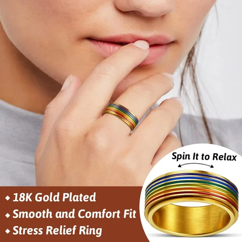 Miniatura 42 de FaithHeart Anillos para ansiedad LGBT Pride Rainbow, acero inoxidable/chapado en oro de 18 quilates, joyería de amor es amor para hombres y mujeres