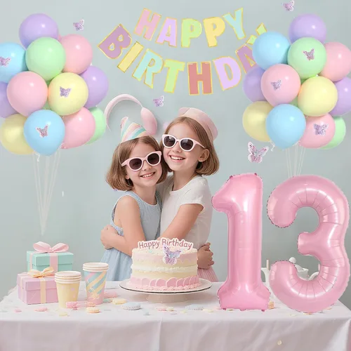 Miniatura 5 de 13th Birthday Decorations For Girls -12 Inch Pastel Balloons, 32 Inch Pink 13 Balloon, 3D Butterflies Stickers, Happy Birthday Banner For Teen Girl