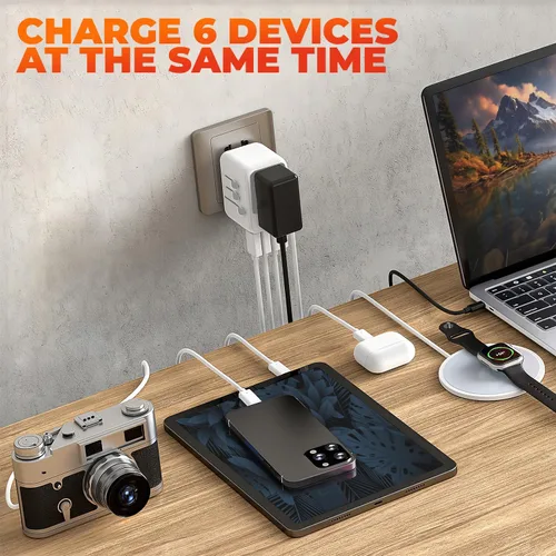 Miniatura 4 de Adaptador de viaje universal 6 en 1-10A Adaptador de corriente internacional con 3 puertos USB C, 2 puertos USB A Cargador portátil rápido