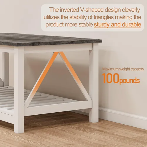 Miniatura 3 de Mesa de café de granja, mesa de café de roble blanco para sala de estar, mesa de centro rectangular de madera de 2 niveles con estante de listones