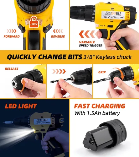 Miniatura 4 de DOWELL Kit de herramientas de 147 piezas con taladro inalámbrico de 12 V con portabrocas sin llave de 3/8 pulgadas para el hogar, hombres, LED
