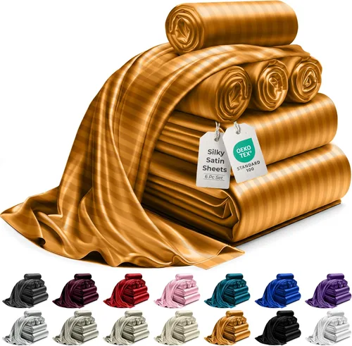 Miniatura 46 de DECOLURE Sábanas de satén para cama - Juego de 6 piezas de ropa de cama de lujo sedosa tamaño King - Más suave que la seda, sin arrugas con sábana