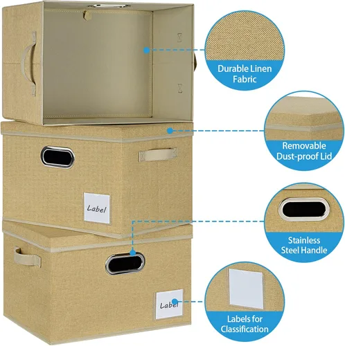 Miniatura 4 de LHZK Contenedores de almacenamiento extra grandes con tapas, cajas de almacenamiento plegables de tela de lino para organización de clósets, 15.75 x