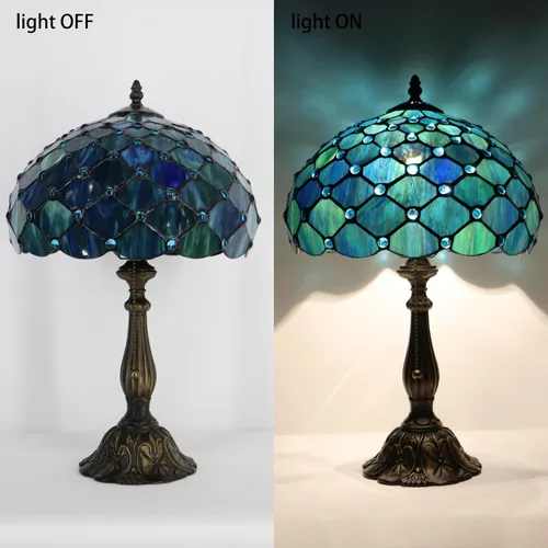 Miniatura 6 de Tiffany Lamp Stained Glass Table Lamp Bedside Reading Light W12H19 Inches (Sea Blue Pearl Style)