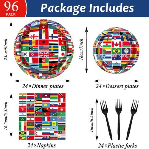 Miniatura 2 de OBUSATT 96 unidades de banderas internacionales del mundo suministros de fiesta, platos de papel de bandera de país, viaje alrededor del mundo