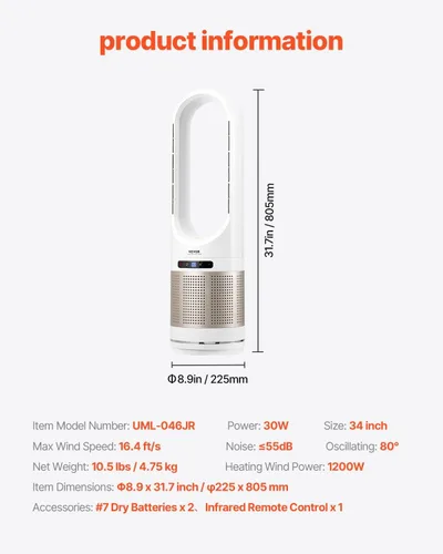 Miniatura 2 de VEVOR Bladeless Tower Fan, High-Velocity Floor Fan, 80° Oscillating with 8 Speeds, Timer, Remote Control for Bedroom, Office, Home