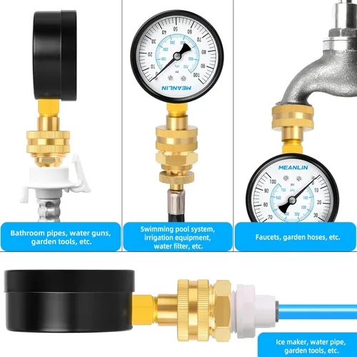 Miniatura 6 de MEANLIN MEASURE Kit de presión de agua hembra de 0 ~ 100 psi, 3/4 pulgadas más 5 adaptadores, dial de cara de 2.5 pulgadas, kit de manómetro