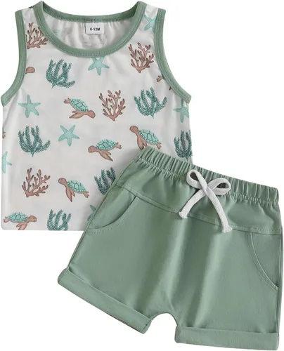 Miniatura 49 de Ropa de bebé niño sin mangas + pantalones cortos con estampado a rayas con bolsillos, 2 piezas de trajes de verano