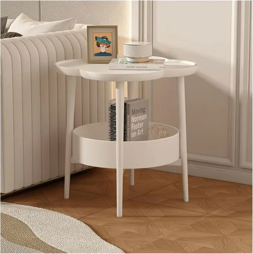 Miniatura 6 de Mesa auxiliar para sala de estar, mesa auxiliar pequeña en forma de flor, mesita de noche, mesa auxiliar para sofá, mesa auxiliar con cesta de Blanco