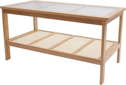 Miniatura 7 de Mesa auxiliar rectangular de 2 niveles de mediados de siglo con parte superior de cristal y estante de almacenamiento rústico, soporte de TV