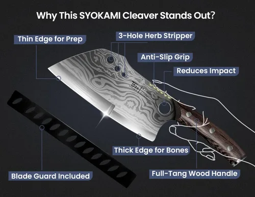 Miniatura 2 de SYOKAMI Cuchillo de chef con funda, cuchillo de carnicero de 7.7 pulgadas con pelador de hierbas, cuchillo de cortar huesos resistente, mango