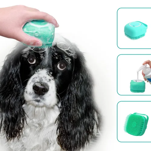 Miniatura 6 de Cepillo de baño y masaje para mascotas con dispensador de jabón y champú, cerdas de silicona suave para perros de pelo largo y corto, gatos, ducha