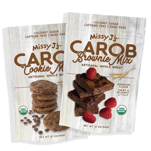 Missy J's Mezcla de muestra de galletas de trigo integral y brownie de algarroba orgánica, sustituto saludable sin cafeína para chocolate, hecho de