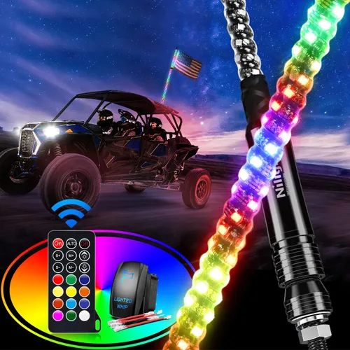 Nilight - 1 luz de látigo LED RGB en espiral de 2 pies con control remoto por RF, luz de persecución/baile RGB, látigos de antena iluminados para
