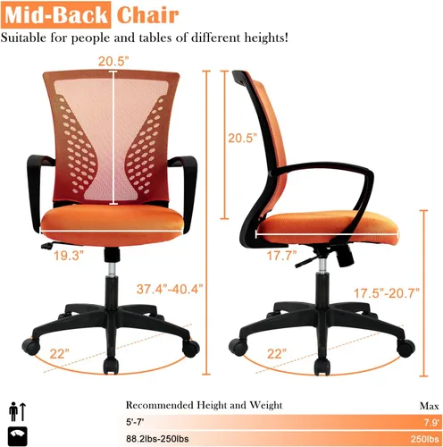 Miniatura 10 de Silla de oficina en casa, silla de escritorio ergonómica, respaldo medio, silla de computadora de PC con soporte lumbar y reposabrazos, silla