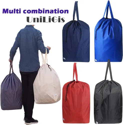 Miniatura 6 de Bolsa de lavandería de viaje lavable con asas y cordón (paquete de 2), resistente lo suficientemente grande como para contener 3 cargas de Gris