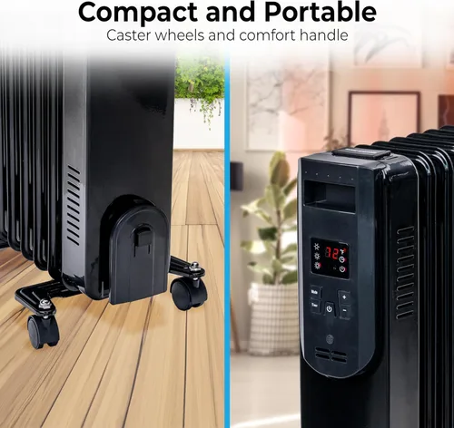 Miniatura 4 de Comfort Zone Calentador de Radiador Lleno de Aceite de 1500W - Calentador de Espacio Eléctrico Portátil con Control Remoto, Pantalla Digital