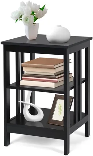 Mesa auxiliar con estante de almacenamiento de 3 niveles para sala de estar, dormitorio, marco de madera estable, fácil montaje (negro, 1 unidad)