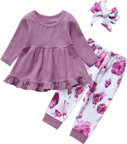 Miniatura 2 de Kulcerry Conjunto de ropa para bebé niña pequeña, color liso, manga larga, volantes, pantalones, diadema