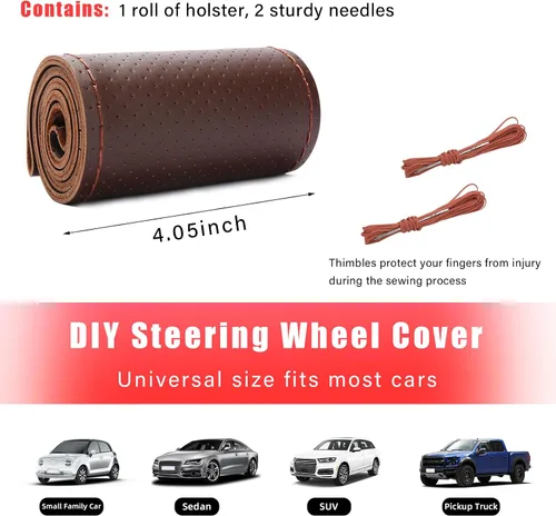 Miniatura 2 de Augeny Funda de Cuero Genuino para Volante, Protector de Volante de Coche Transpirable Antideslizante que se Cose para Diámetro Máximo de 15 Café