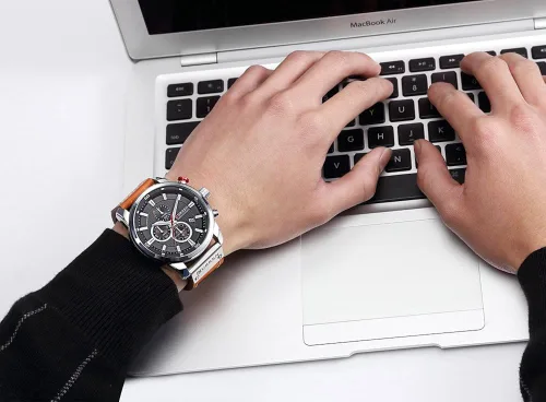 Miniatura 5 de Reloj deportivo con cronógrafo para hombre, correa de cuero marrón, reloj de cuarzo, reloj de pulsera casual para hombre, Completo negroacero.