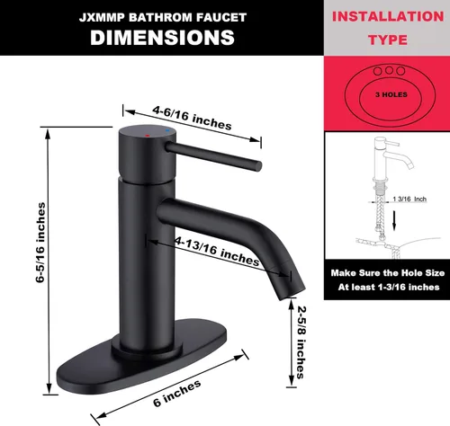 Miniatura 2 de Grifo de Baño Negro Mate de Un Solo Orificio, JXMMP Grifos de Lavabo de Baño de Una Sola Manija con Desagüe Pop Up y Placa de Cubierta de 6 Pulgadas