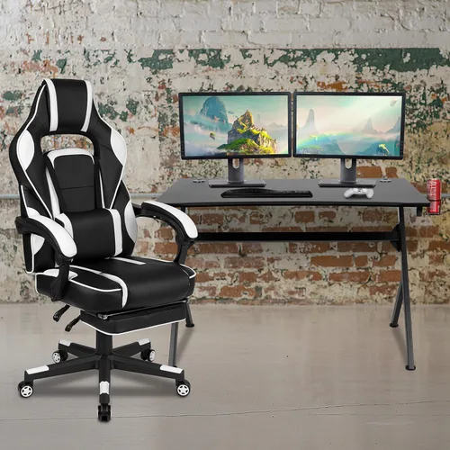 Miniatura 67 de Flash Furniture Juego de escritorio para juegos negro y silla de carreras blanco/negro con soporte para tazas, gancho para auriculares y soporte