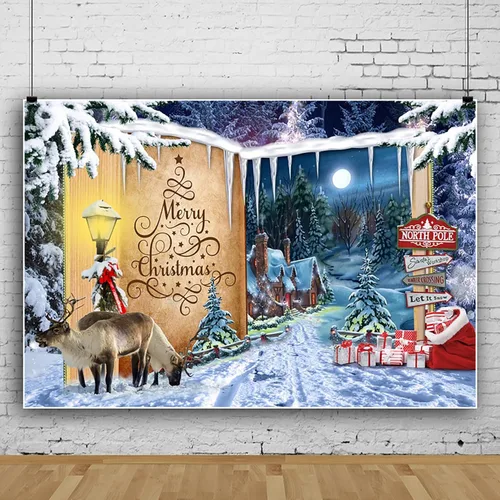 Miniatura 8 de Telón de fondo de 2,1 x 1,5 m para pueblo navideño, nieve invernal, cielo nocturno, montaña, Santa, fondo para fotografía, decoración para fiesta