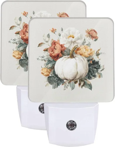 Miniatura 20 de Paquete de 2 luces LED de noche enchufables con diseño de calabazas de Acción de Gracias, sensor automático, hojas de otoño, juego de 2
