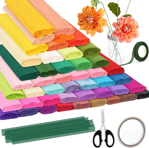 Miniatura 9 de Rollos de papel crepé de 14 colores, hojas de papel crepé de 9.8 x 98 pulgadas de ancho con 100 piezas de alambre de hierro floral verde, banda