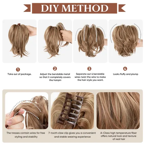 Miniatura 3 de CJL HAIR - Extensiones de cabello con pinza de garra para cola de caballo corta, trenza desordenada, sintéticas, maleables, para mujeres, cabello