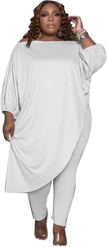Miniatura 2 de Huasemy Trajes de talla grande para mujer trajes deportivos de manga larga con hombros inclinados tops asimétricos pantalones ajustados conjuntos