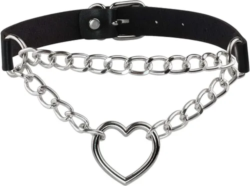 Eigso Gargantilla gótica con cadena de corazón para mujer, gargantilla de cuero punk, collares Emo Grunge, collar para fiesta de los años 80