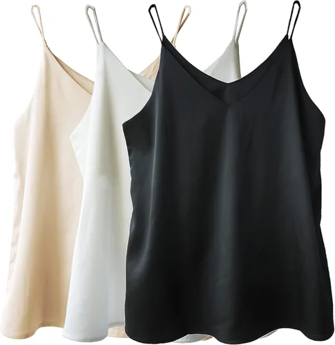 Wantschun - Camisola de satén de seda para mujer, camiseta, blusa, cuello en V, tirantes de tipo espagueti, XXS-4XL
