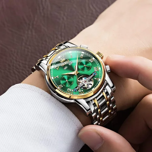 Miniatura 3 de OLEVS Relojes de cuerda automática para hombre vestido mecánico automático Tourbillon de acero inoxidable doble calendario impermeable luminoso