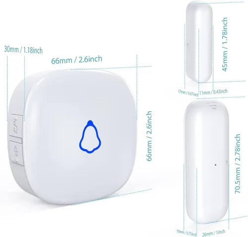 Miniatura 6 de Timbre de puerta METEK, alarma inalámbrica de sensor de contacto para puertas abiertas con alcance de 500 pies, 58 timbres y 5 niveles de volumen
