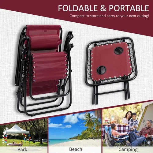 Miniatura 5 de Outsunny Juego de sillas Zero Gravity con mesa auxiliar, silla reclinable plegable con portavasos y almohadas, sillas de salón ajustables para Rojo